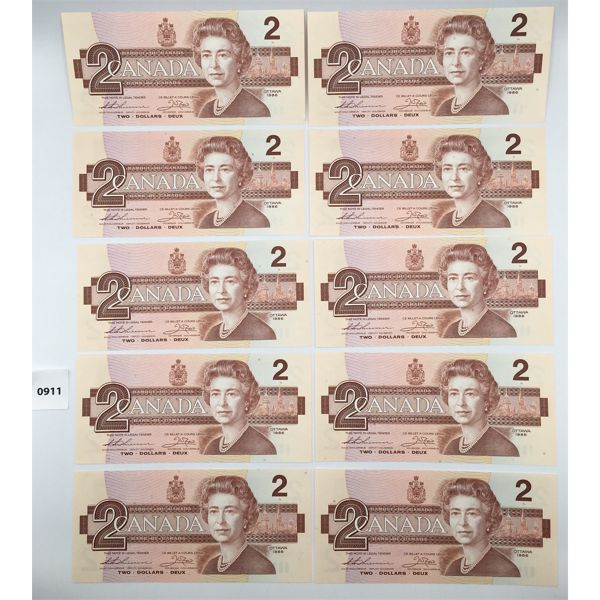 LOT OF 10 - 1986 CANADA $2 BILL CHOICE - UNCIRCULATED