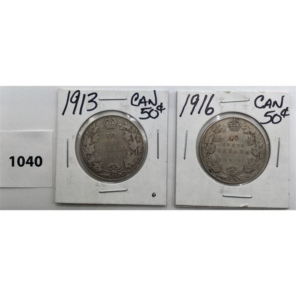 LOT OF 2 - CDN FIFTY CENT PIECES - 1913 AND 1916