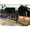 Image 1 : BOX OF ASSORTED HAND TOOLS, PORTABLE RECHARGEABLE FLASHLIGHTS, CATALYTIC CONVERTER, SHOVEL, 3 EMPTY