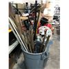 Image 2 : 2 BINS OF ASSORTED YARD WORK TOOLS, INCLUDING SHOVELS, RAKES, EDGING TOOL, SLEDGE HAMMER, AXE, HIGH