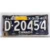 Image 1 : #121  ALBERTA 1943 LICENCE PLATE D-20454 WW2 ERA