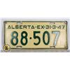 Image 1 : #123  ALBERTA 1947 LICENCE PLATE 88-507 , GOOD