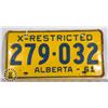 Image 1 : #134  ALBERTA X-RESTRICTED 1961 LICENCE PLATE 279