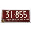 Image 1 : #154 SASKATCHEWAN 1934 LICENCE PLATE 31-855 EARLY