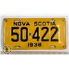 Image 1 : #178 NOVA SCOTIA 1938 LICENCE PLATE 50-422 EARLY