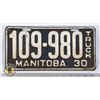 Image 1 : #183 TRUCK LICENCE PLATE 1930 MANITOBA 109-980