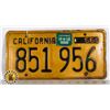 Image 1 : #196 U.S.A. AMERICAN LICENCE PLATE 1956 CALIFORNIA