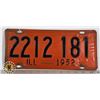Image 1 : #203  U.S.A. AMERICAN LICENCE PLATE 1952 ILLINOIS