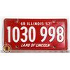 Image 1 : #204  U.S.A. AMERICAN LICENCE PLATE 1957 ILLINOIS