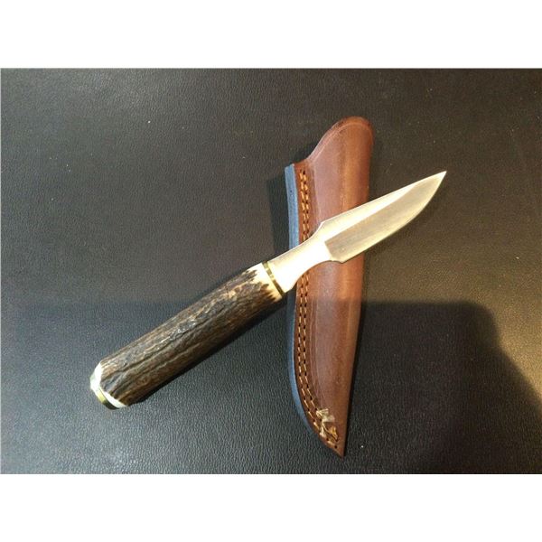 Ruko Antler Handled Fixed Blade skinning Knife with leather sheath