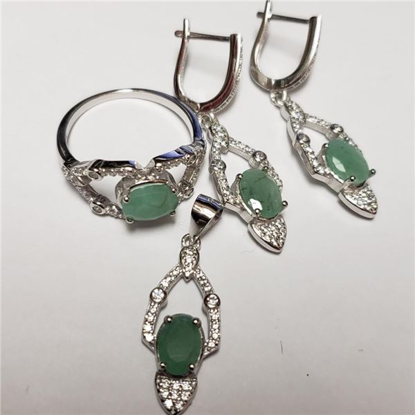 $600 Silver Rhodium Plated Emerald(6.4ct) Set