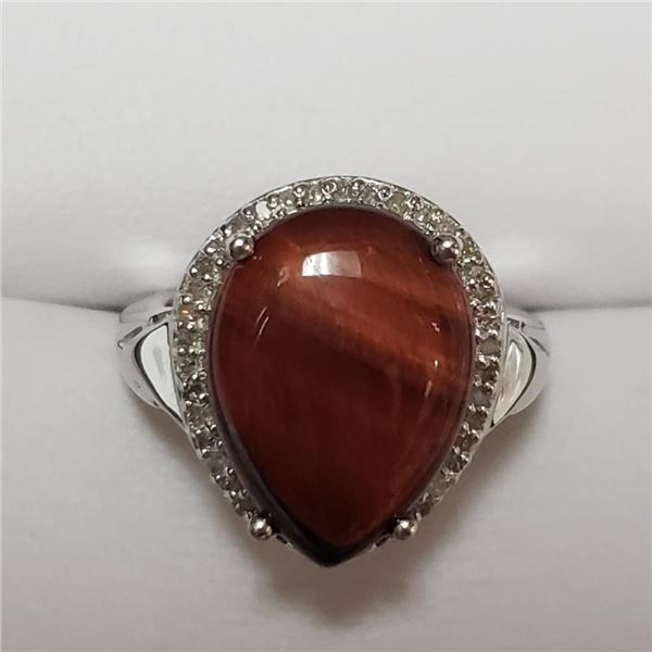 $300 Silver Diamond Red Tiger Eye(7.5ct) Ring