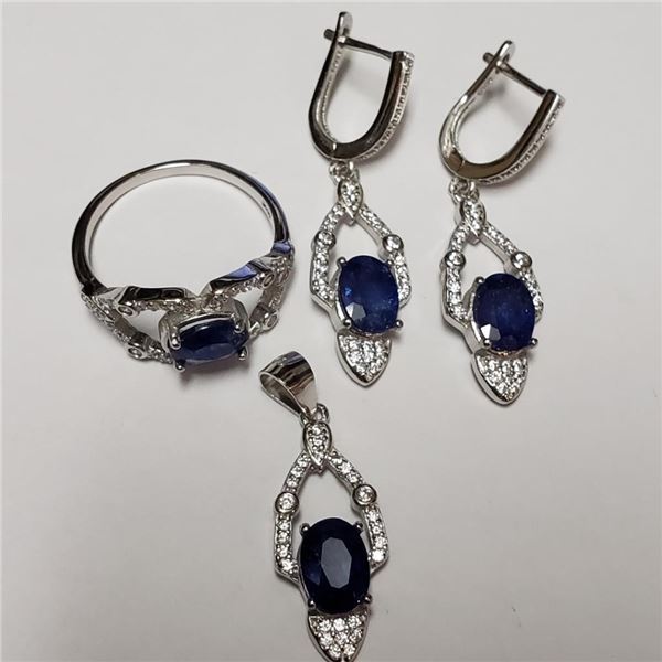 $600 Silver Rhodium Plated Sapphire(6.4ct) Set
