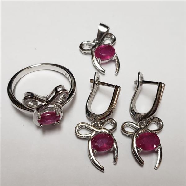 $520 Silver Rhodium Plated Ruby(4ct) Set
