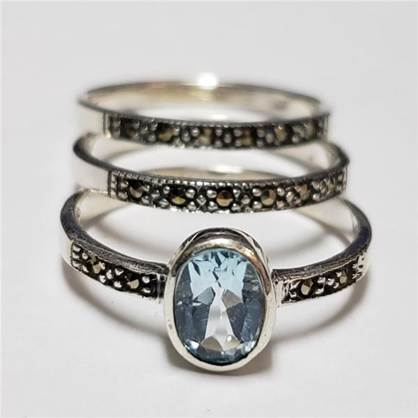 $120 Silver 3 Stackings Blue Topaz Marcasite Ring