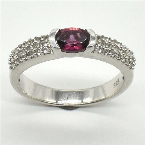Silver Garnet Cz(0.7ct) Rhodium Plated Ring (~weight 3.05g)