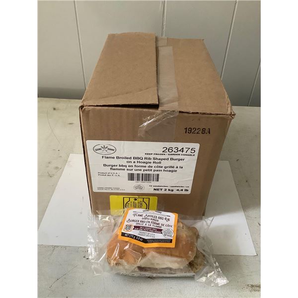 Case of Frozen Grand Prairie Flamed Broiled BBQ Rib Shaped Burger on Hoagie Roll (12 x 170g)