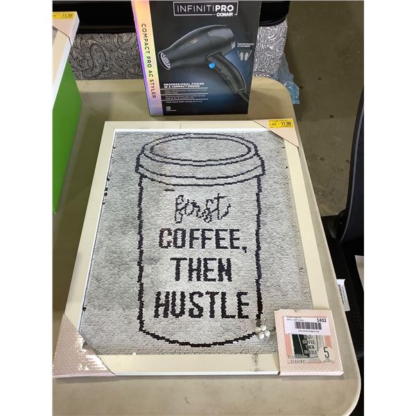 First Coffee Then Hustle Sequin Pin Memo Board (16 in x 20in)