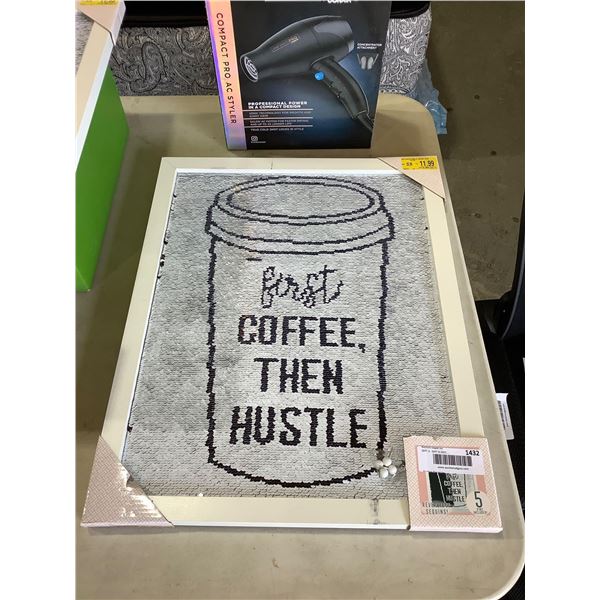 First Coffee Then Hustle Sequin Pin Memo Board (16 in x 20in)