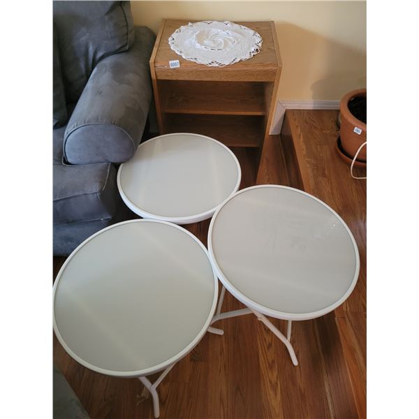 Small Brown Book Shelf with 3 Round White (Foldup) Side Tables.