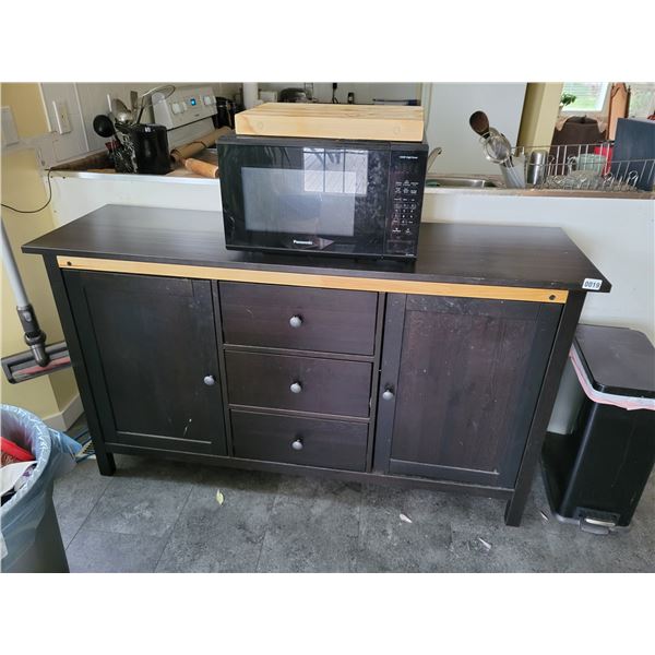 Buffet with Panasonic Microwave & Wooden Cutting Board.