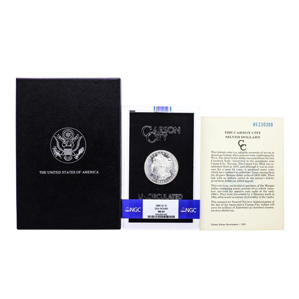 1885-CC $1 Morgan Silver Dollar Coin GSA Hoard Uncirculated NGC MS63 w/ Box & COA