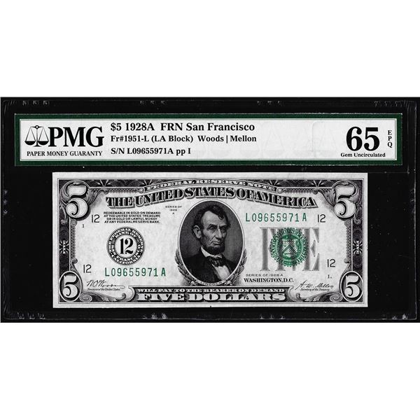 1928A $5 Federal Reserve Note San Francisco Fr.1951-L PMG Gem 65EPQ