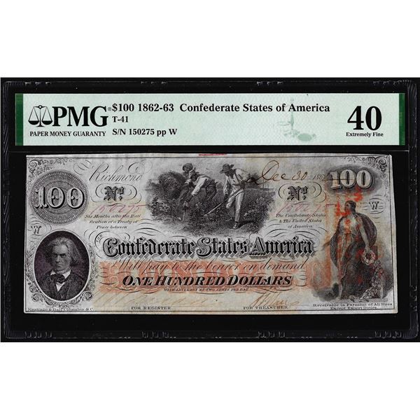 1862-63 $100 Confederate States of America Note T-41 PMG Extremely Fine 40