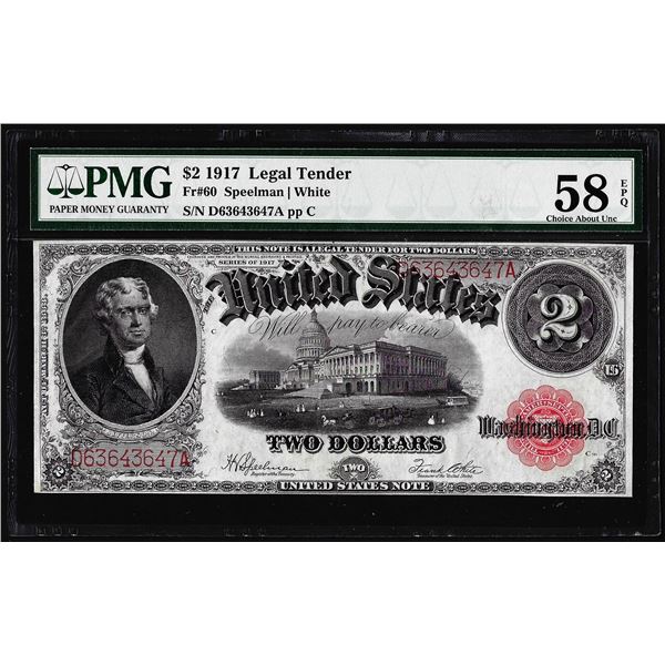 1917 $2 Legal Tender Note Fr.60 PMG Choice About Uncirculated 58EPQ
