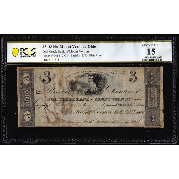 1810's $3 Owl Creek Bank of Mount Vernon, OH Obsolete Note PCGS Choice Fine 15