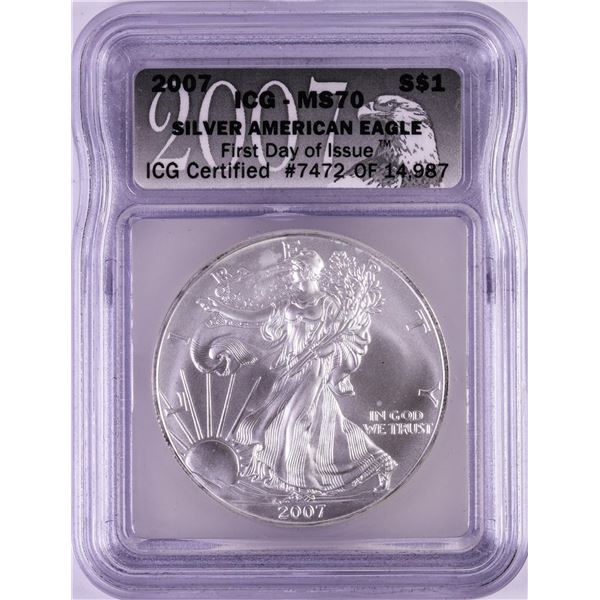 2007 $1 American Silver Eagle Coin ICG MS70 First Day of Issue