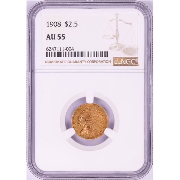 1908 $2 1/2 Indian Head Quarter Eagle Gold Coin NGC AU55