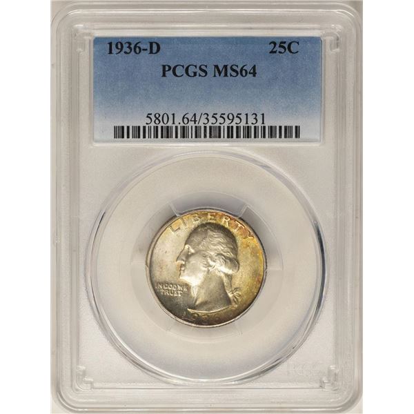1936-D Washington Quarter Coin PCGS MS64 Nice Toning