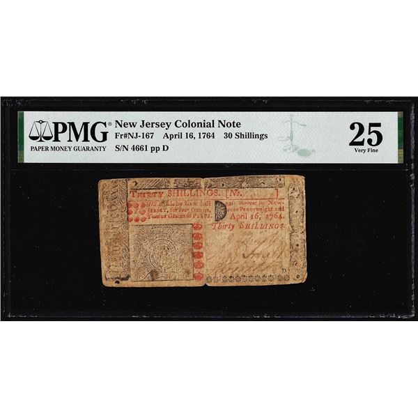April 16, 1764 New Jersey 30 Shilling Colonial Currency Note NJ-167 PMG Very Fine 25