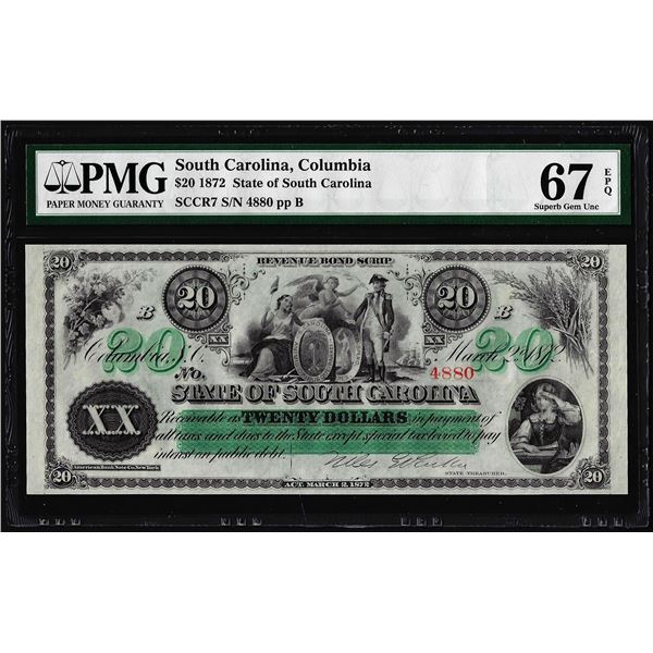 1872 $20 State of South Carolina Revenue Bond Obsolete Note PMG Superb Gem Unc. 67EPQ