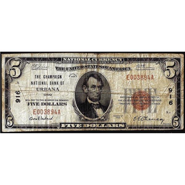 1929 $5 The Champaign NB of Urbana, OH CH# 916 National Currency Note