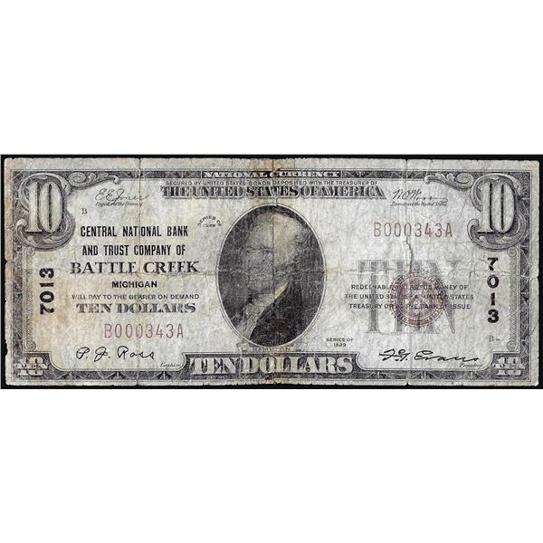 1929 $10 Central NB and Trust Company Battle Creek, MI CH# 7013 National Currency Note