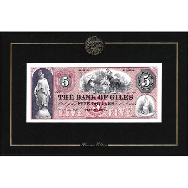 1994 American Bank Note Company Intaglio Print The Bank of Giles Pearisburg, VA