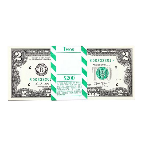 Pack of (100) Consecutive 2013 $2 Federal Reserve STAR Notes New York
