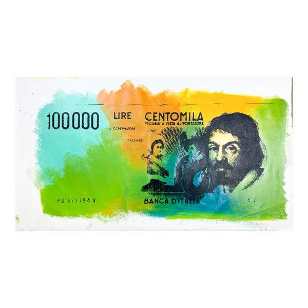 Steve Kaufman (1960-2010) "Old Italan Lire Centomila" Original Mixed Media On Canvas