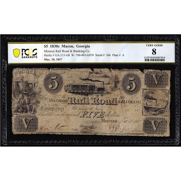 1830's $5 Monroe Rail Road & Banking Co. Macon, GA Obsolete Note PCGS Very Good 8