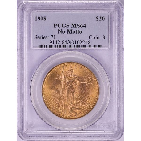1908 No Motto $20 St. Gaudens Double Eagle Gold Coin PCGS MS64