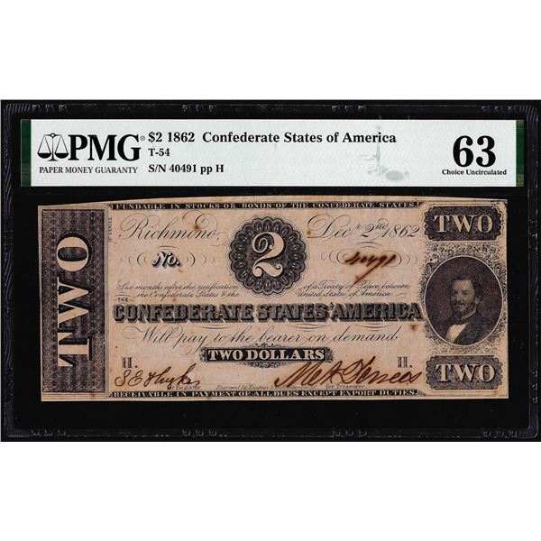 1862 $2 Confederate States of America Note T-54 PMG Choice Uncirculated 63