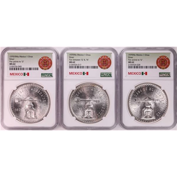 Lot of (3) 1979Mo Mexico 1 Onza Silver Coins NGC MS62