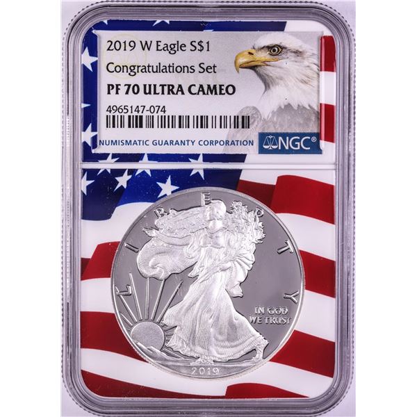 2019-W $1 Proof American Silver Eagle Coin NGC PF70 Ultra Cameo Congratulations Flag