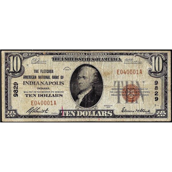 1929 $10 The Fletcher American NB of Indianapolis, IN CH# 9829 National Currency Note