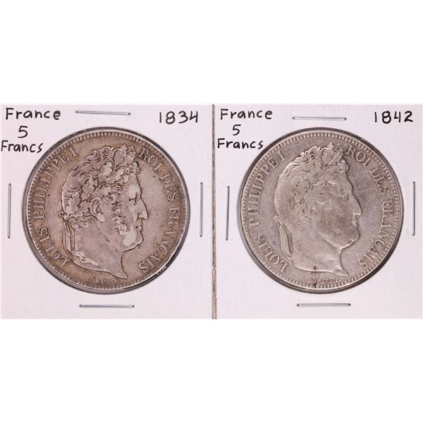 Lot of 1834 & 1842 France 5 Francs Silver Coins