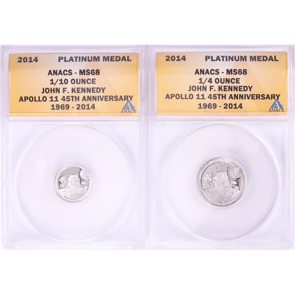 Set of 2014 Proof 1/10 & 1/4 oz Platinum JFK Apollo 11 Anniversary Medals ANACS MS68