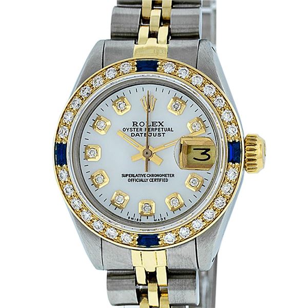 Rolex Ladies Two Tone MOP Diamond & Sapphire Oyster Perpetual Datejust Watch