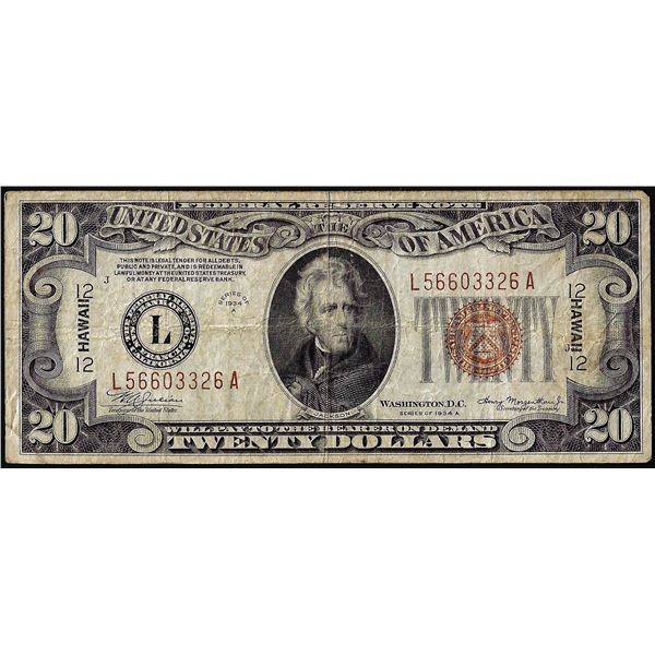 1934A $20 Hawaii WWII Emergency Issue Federal Reserve Note